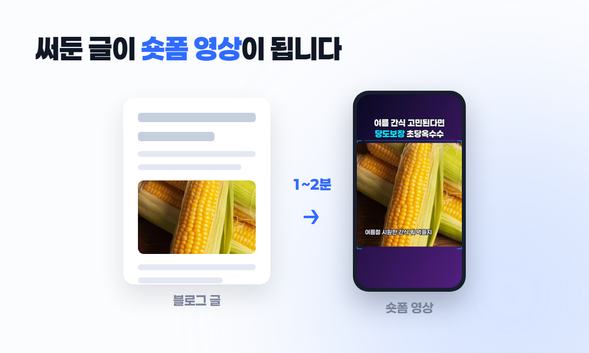 블로그 글 주소를 넣으면 1~2분 만에 세로 숏폼 영상이 나옵니다