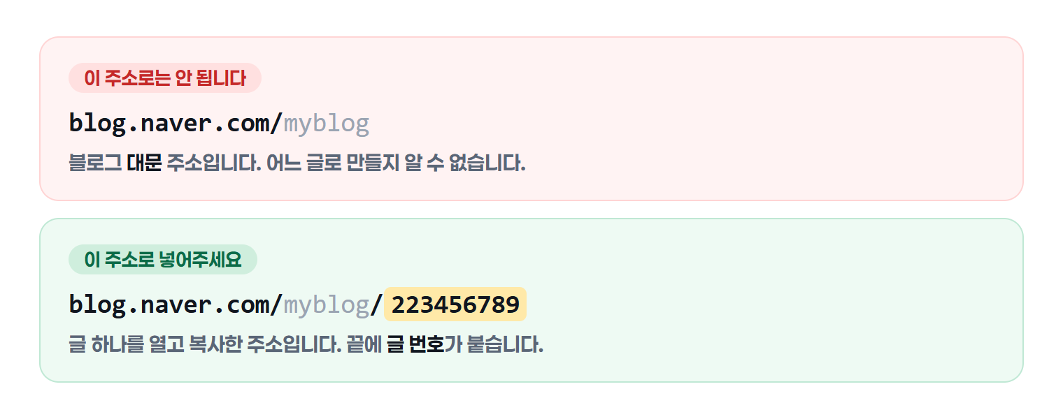 블로그 대문 주소와 글 주소의 차이. 대문 주소는 안 되고, 끝에 글 번호가 붙은 글 주소를 넣어야 합니다
